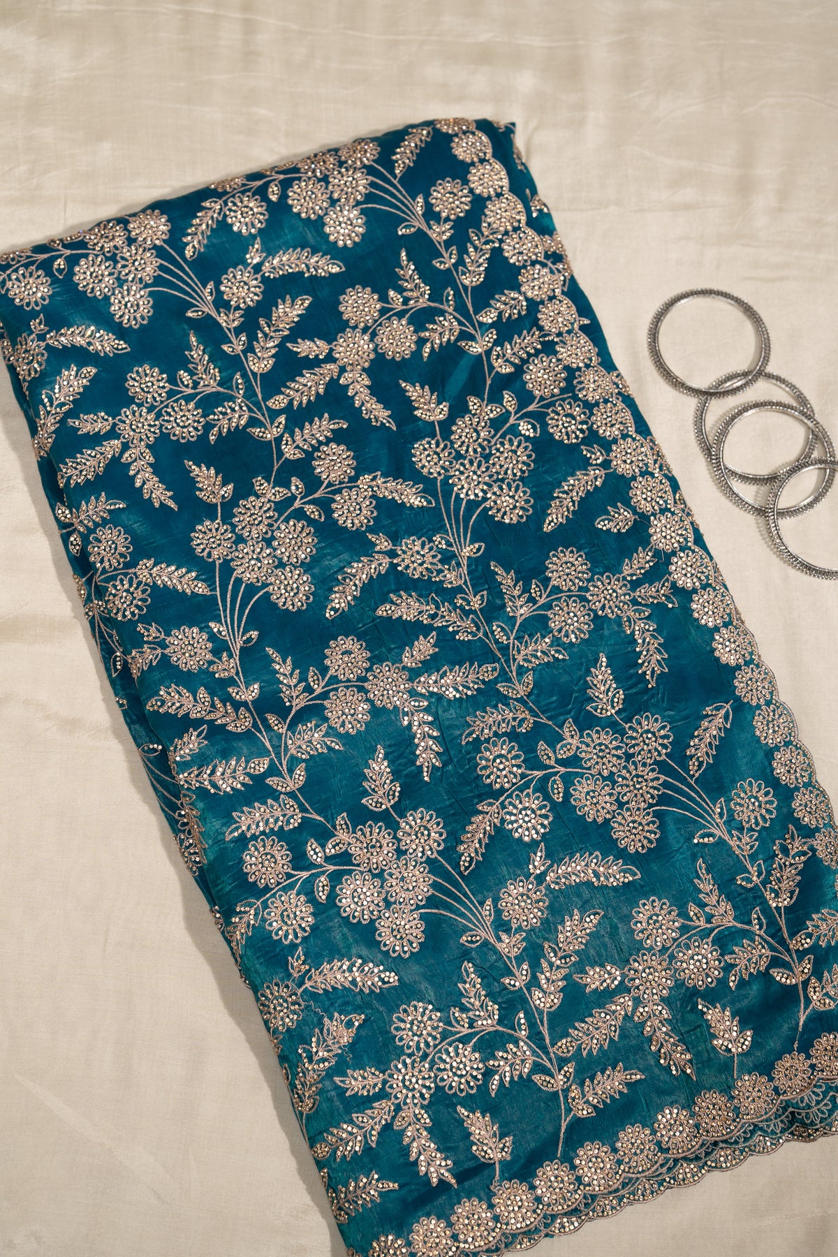 Teal Blue Thread And Stone Work Unstitched Saree