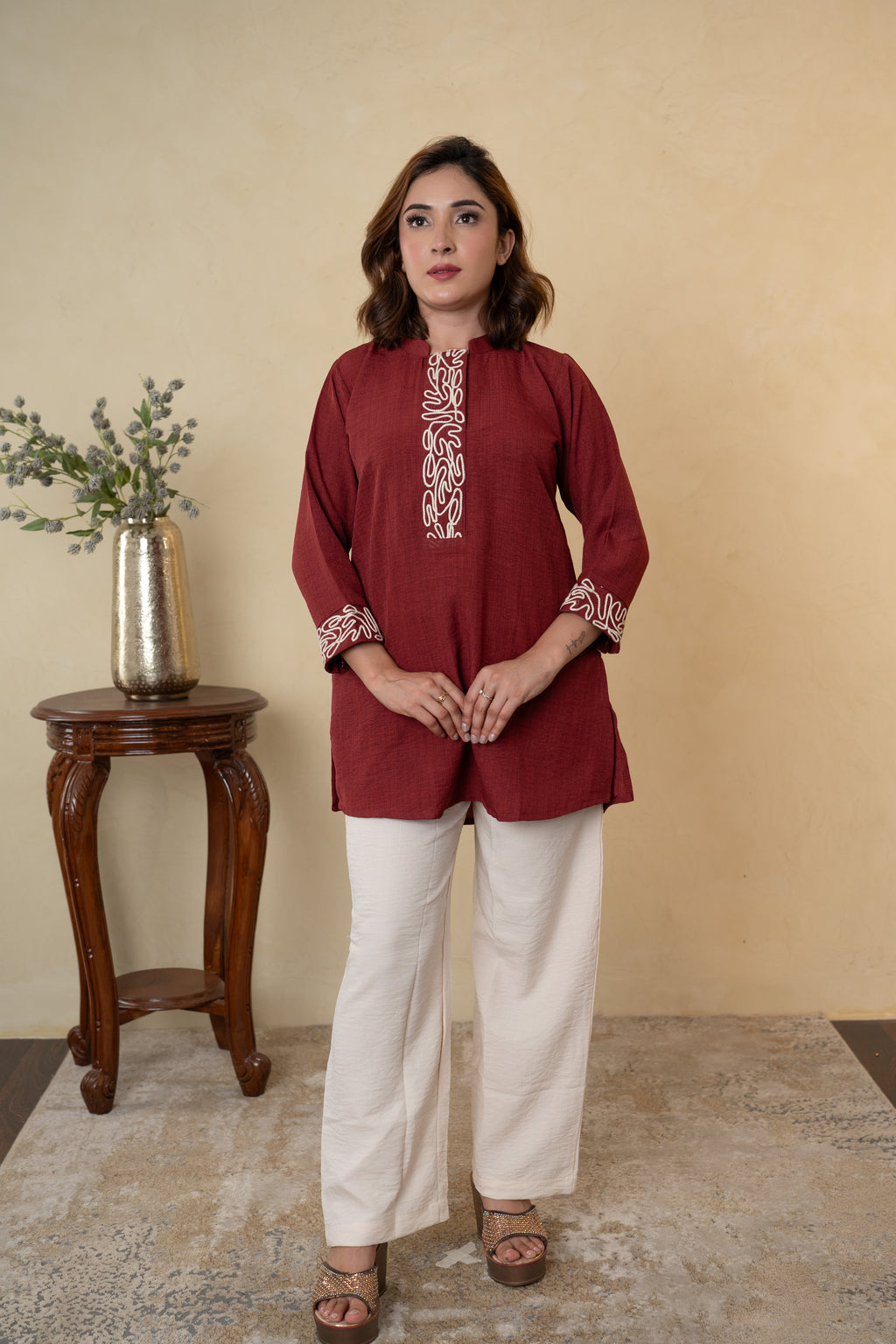 Maroon Ivory Rayon Cotton Co-ord Set