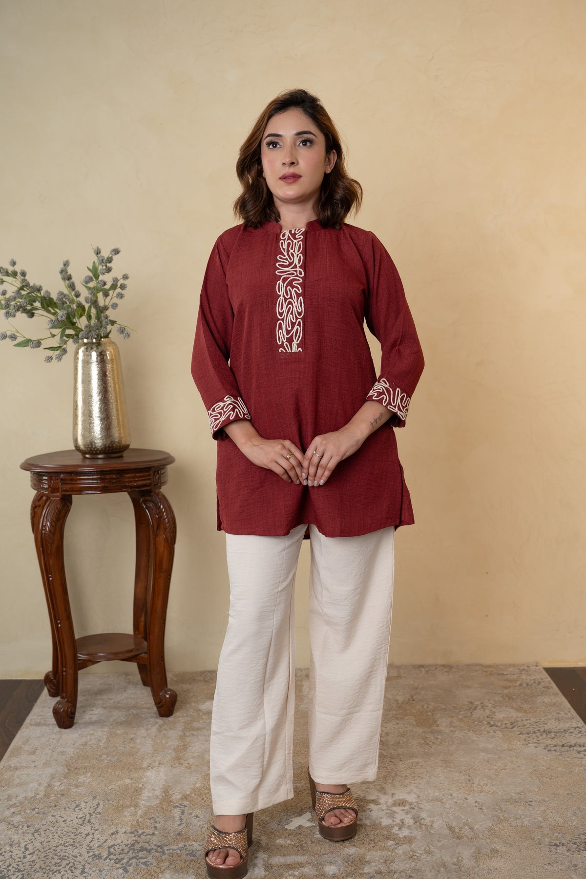 Maroon Ivory Rayon Cotton Co-ord Set