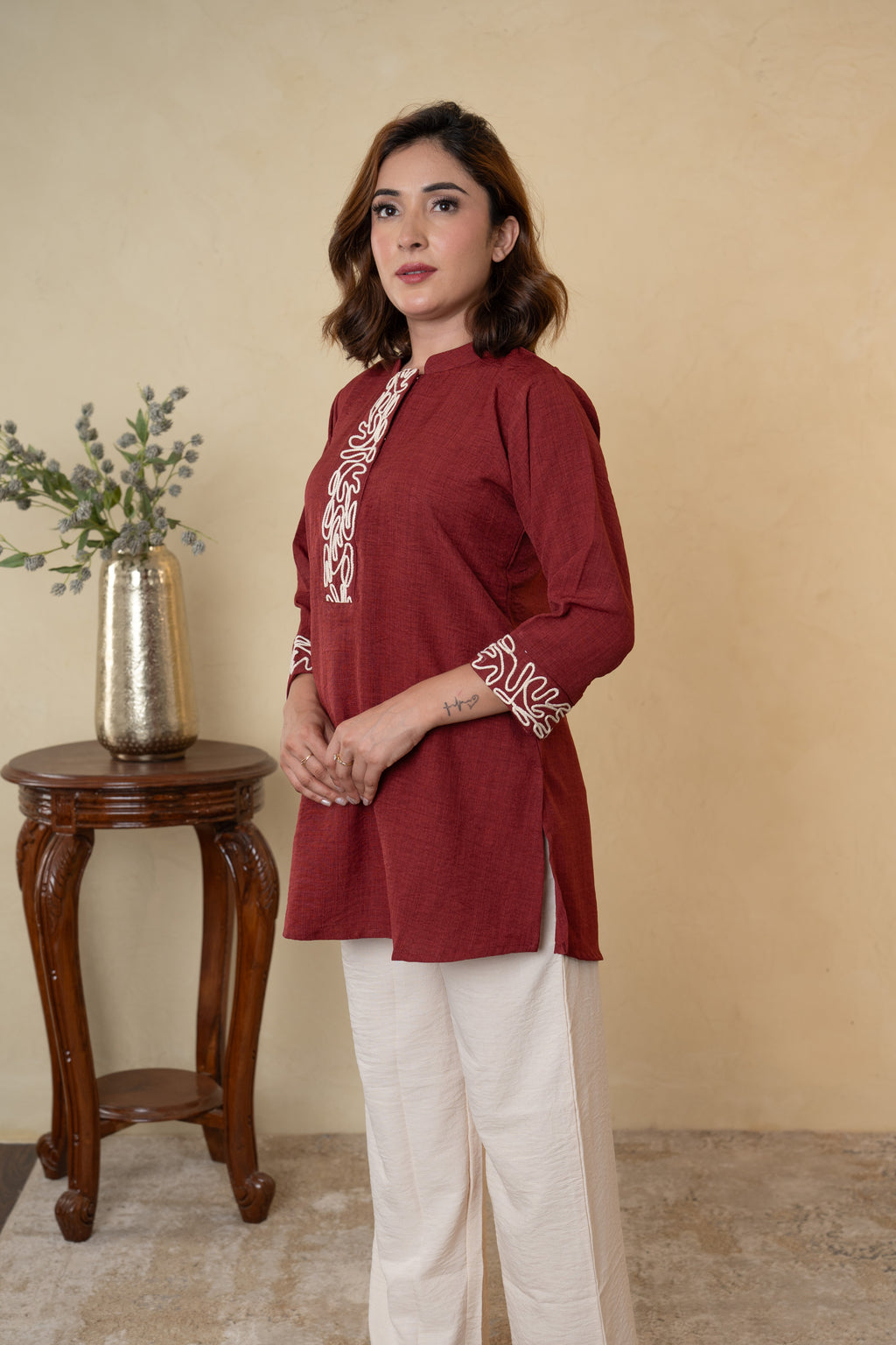 Maroon Ivory Rayon Cotton Co-ord Set