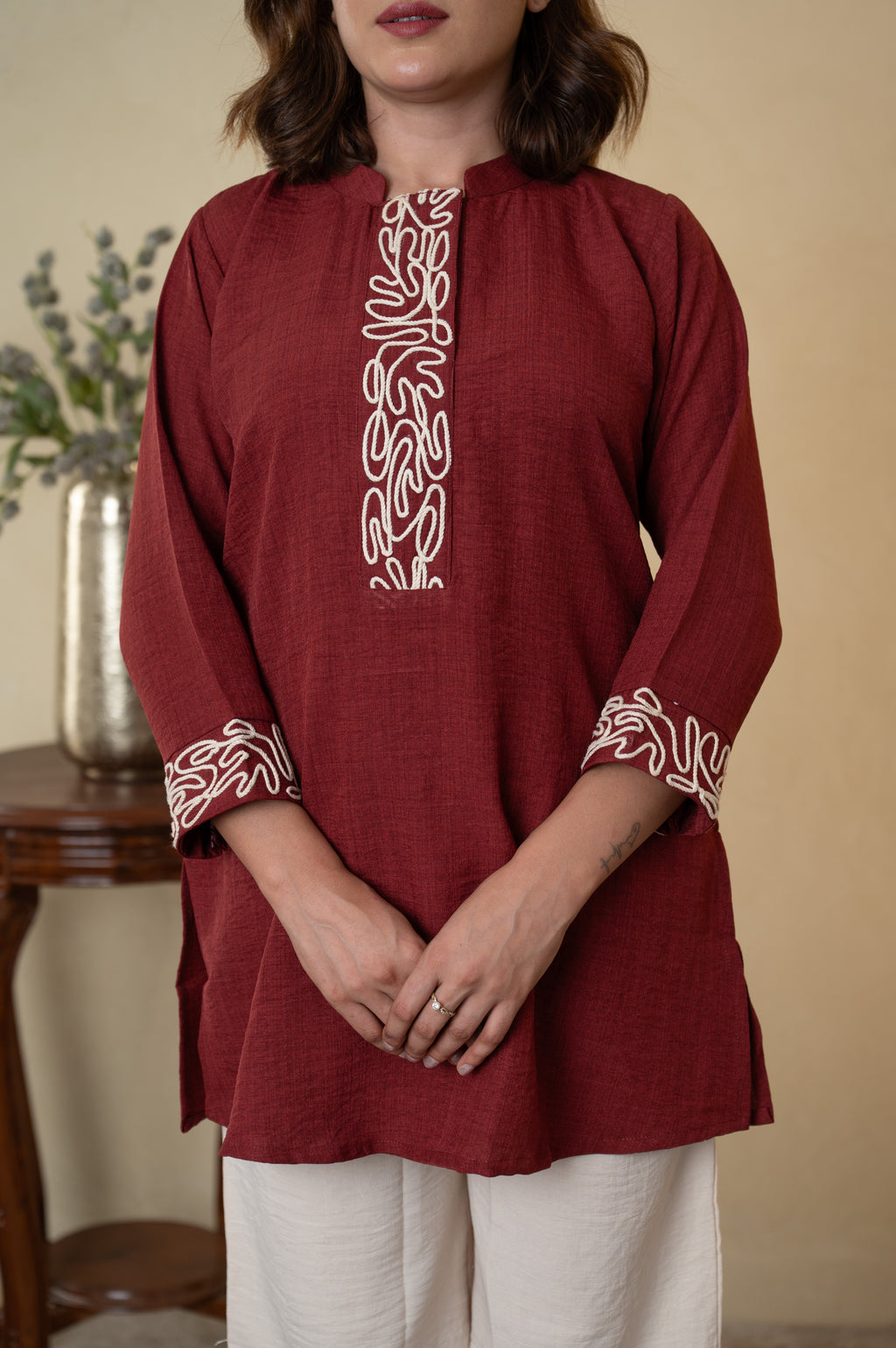 Maroon Ivory Rayon Cotton Co-ord Set