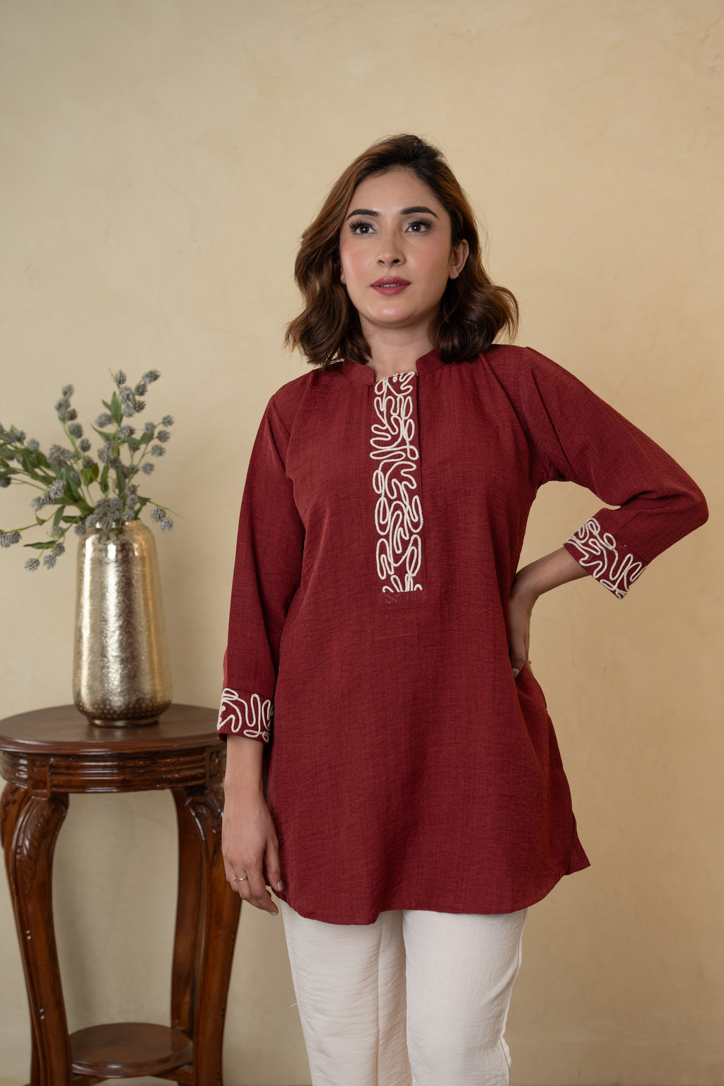 Maroon Ivory Rayon Cotton Co-ord Set