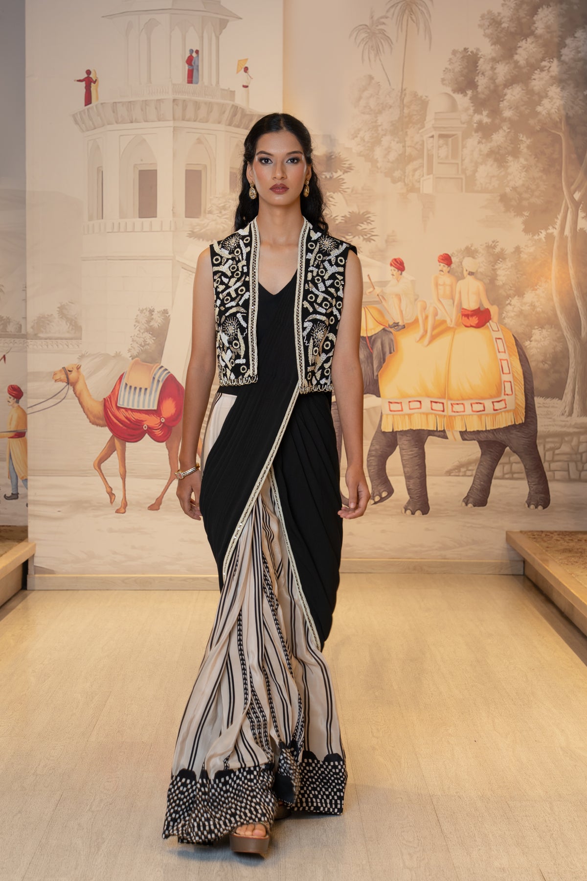 Black and Ivory Drape Saree with Embroidered Jacket