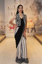 Black and Ivory Drape Saree with Embroidered Jacket