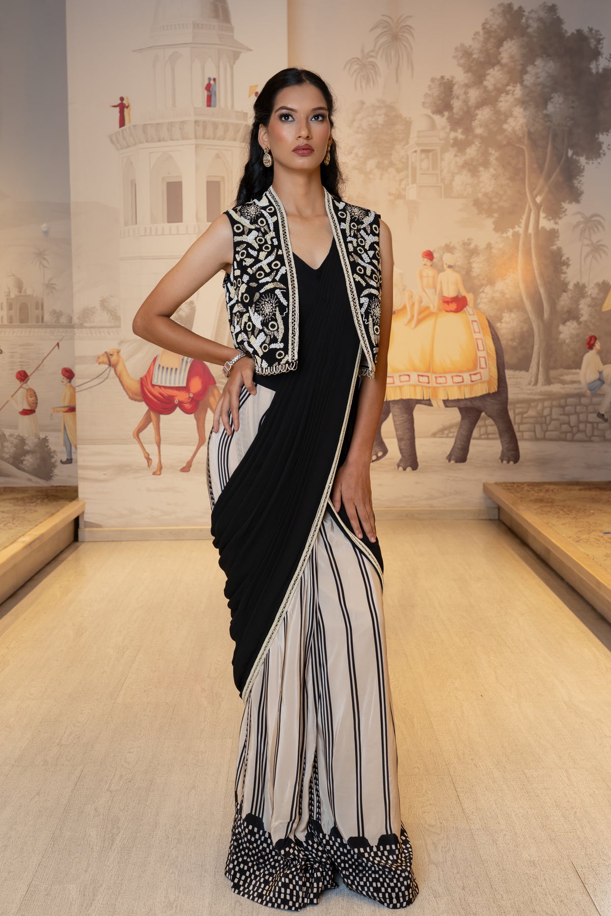 Black and Ivory Drape Saree with Embroidered Jacket