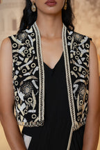 Black and Ivory Drape Saree with Embroidered Jacket