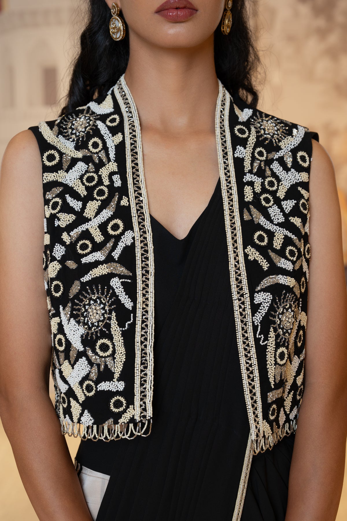 Black and Ivory Drape Saree with Embroidered Jacket