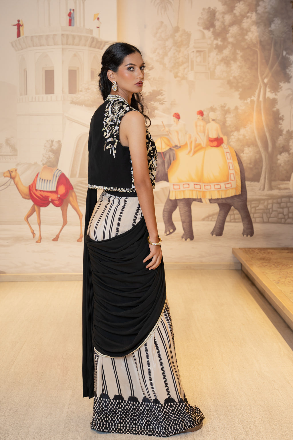 Black and Ivory Drape Saree with Embroidered Jacket