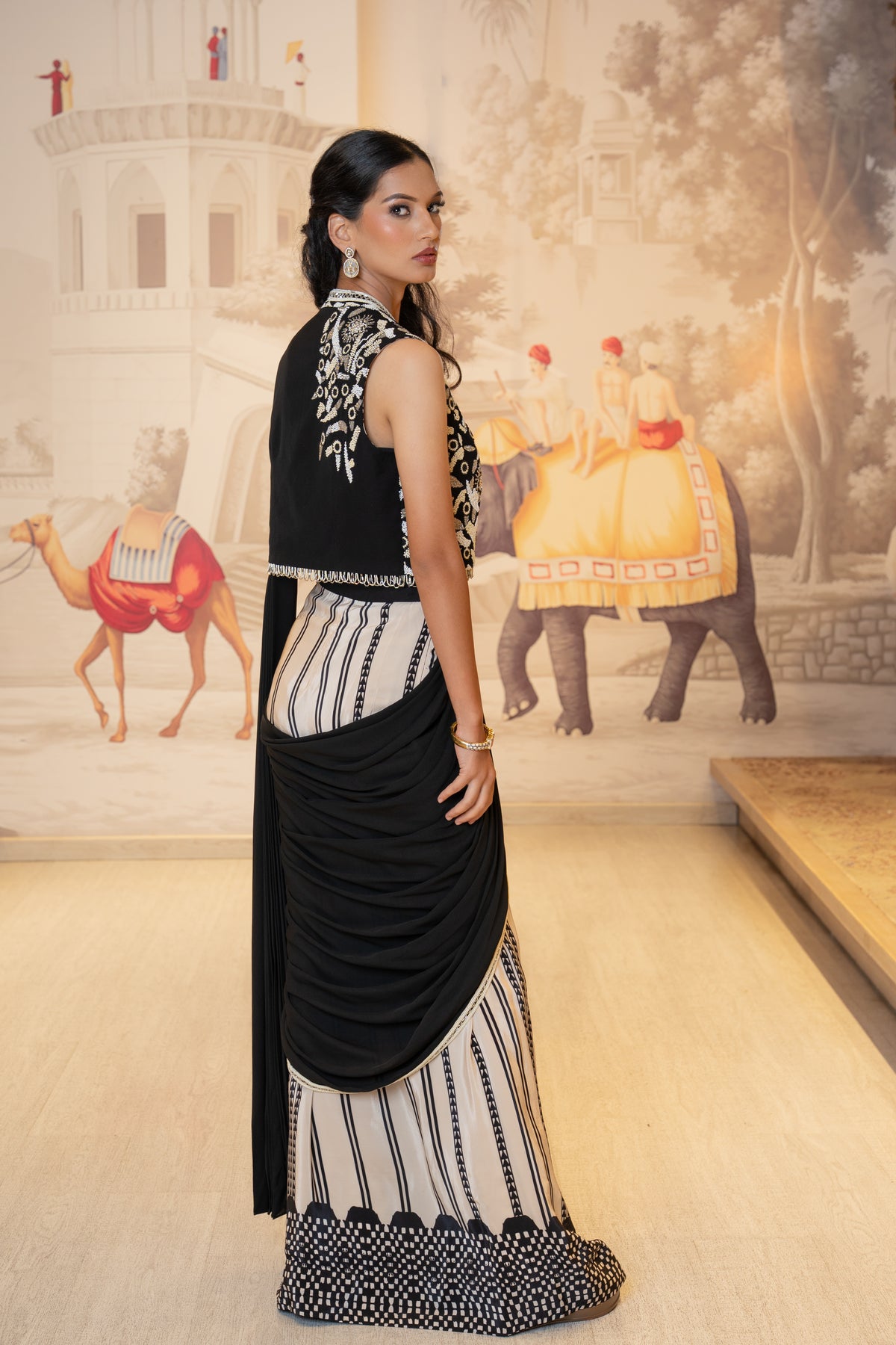 Black and Ivory Drape Saree with Embroidered Jacket