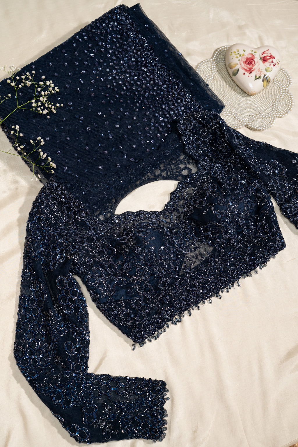 Navy Blue Net Sequin Work Unstitched Saree