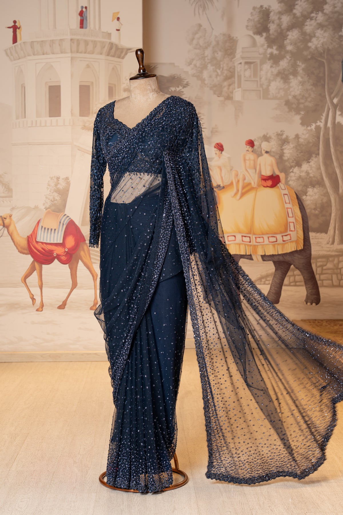 Navy Blue Net Sequin Work Unstitched Saree