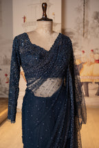 Navy Blue Net Sequin Work Unstitched Saree