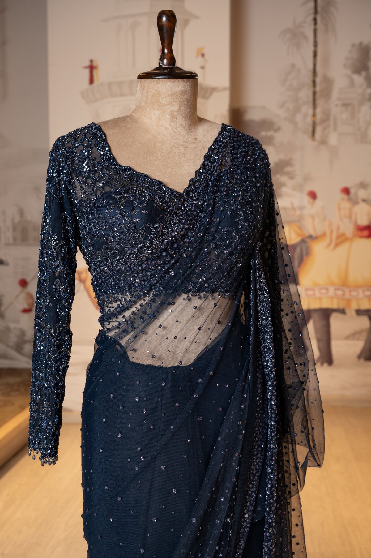 Navy Blue Net Sequin Work Unstitched Saree