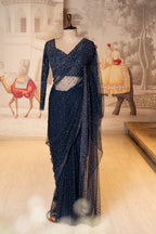 Navy Blue Net Sequin Work Unstitched Saree