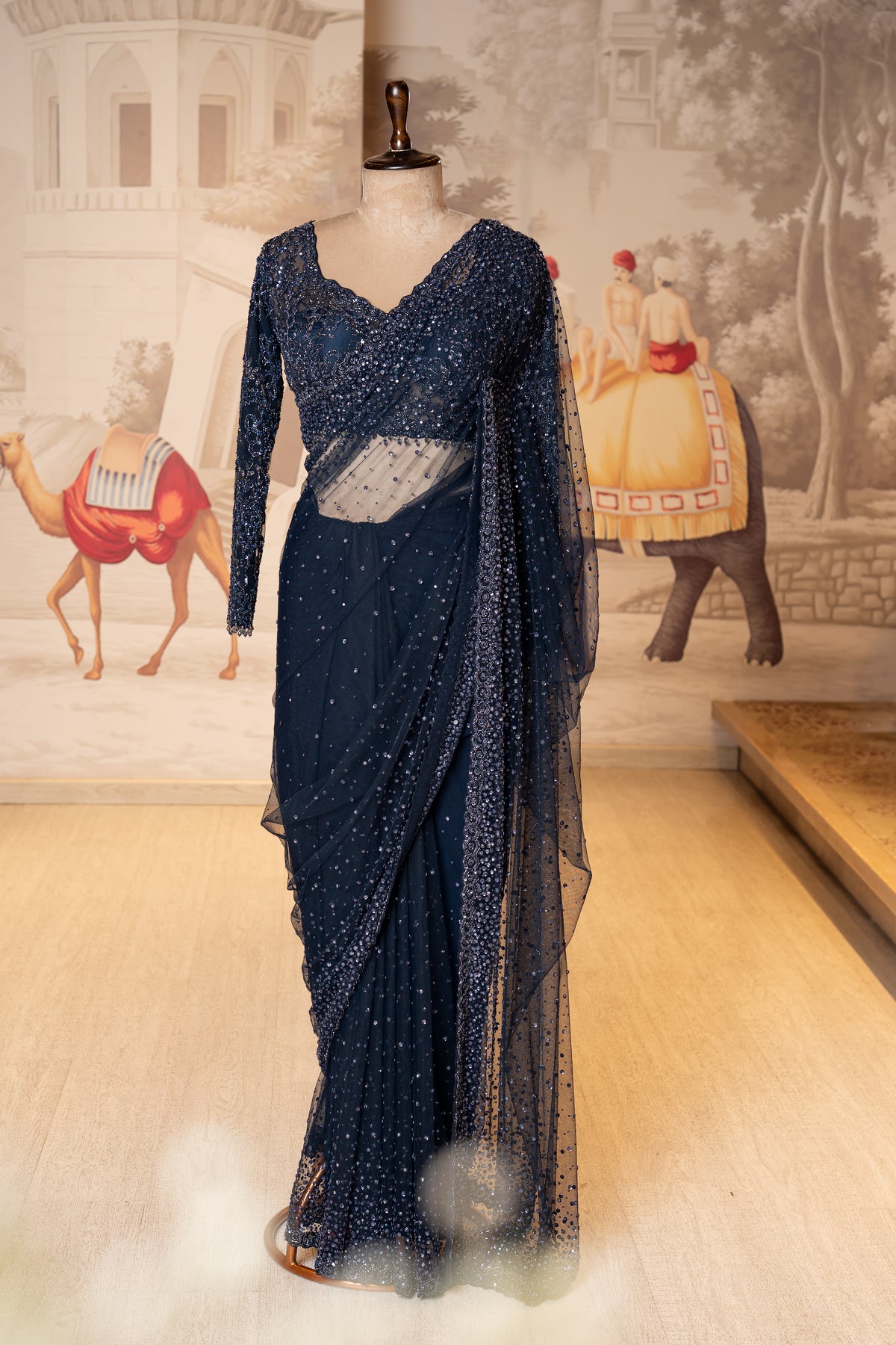 Navy Blue Net Sequin Work Unstitched Saree