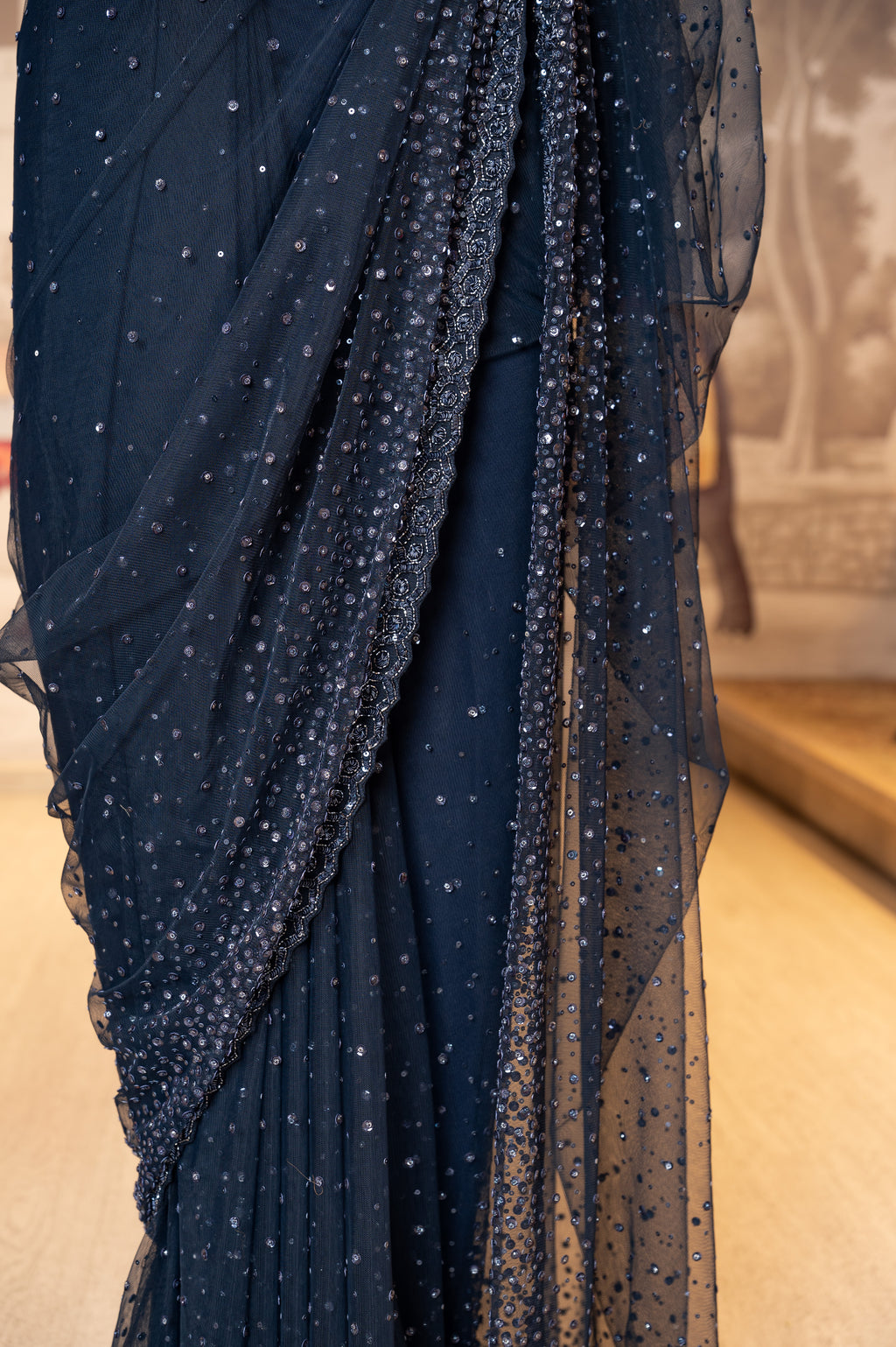 Navy Blue Net Sequin Work Unstitched Saree