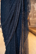 Navy Blue Net Sequin Work Unstitched Saree