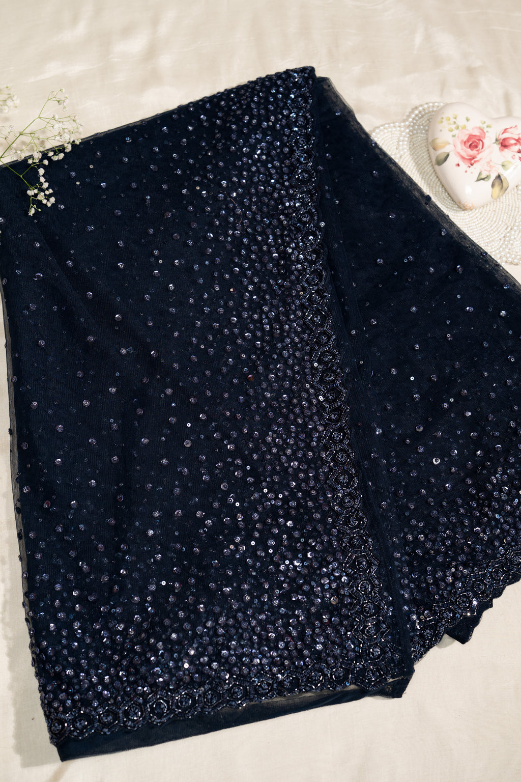Navy Blue Net Sequin Work Unstitched Saree