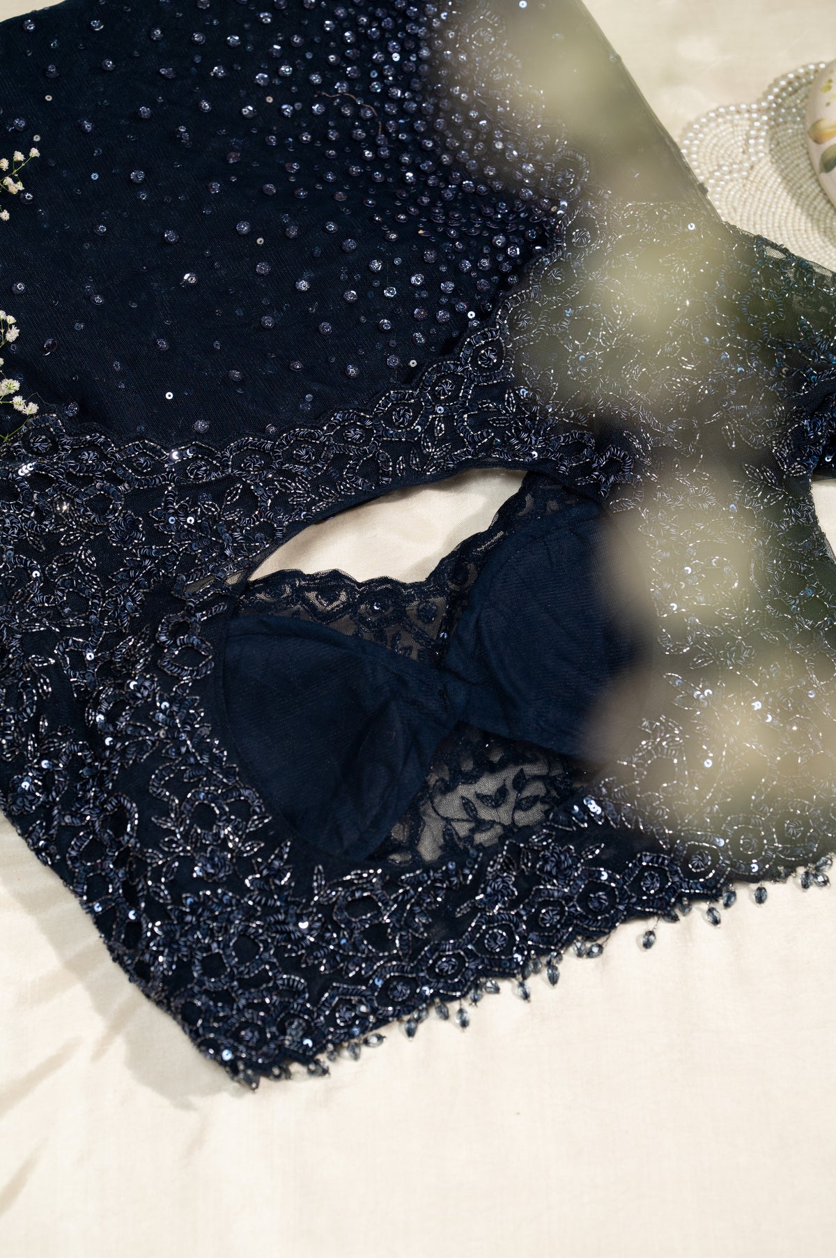 Navy Blue Net Sequin Work Unstitched Saree