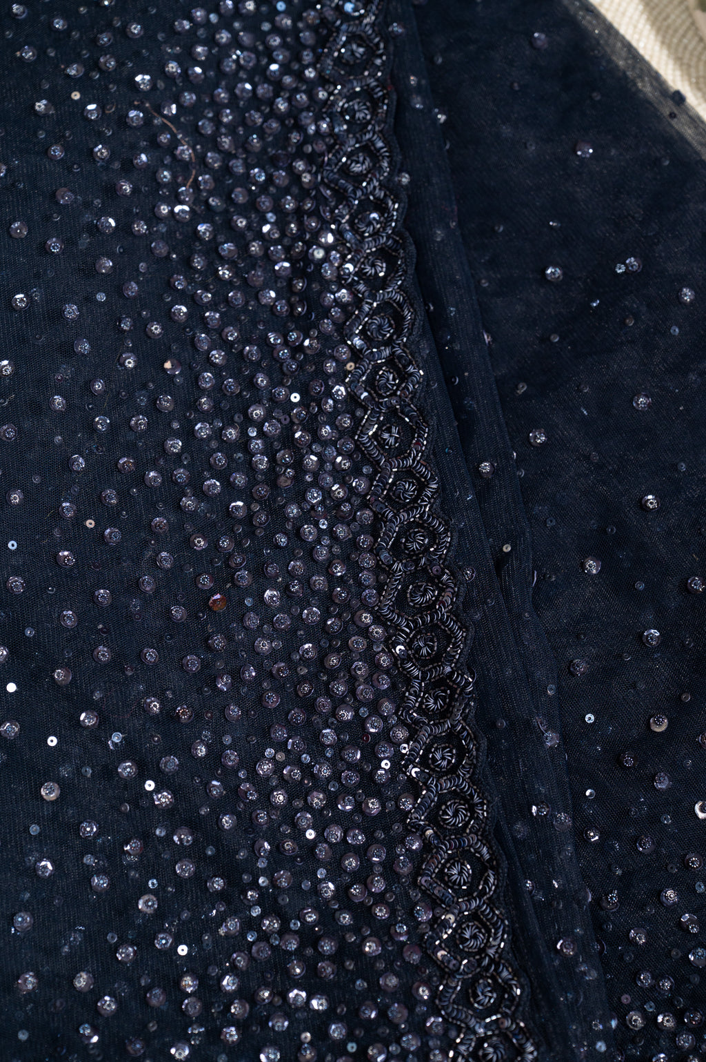 Navy Blue Net Sequin Work Unstitched Saree