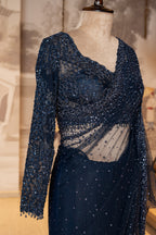 Navy Blue Net Sequin Work Unstitched Saree