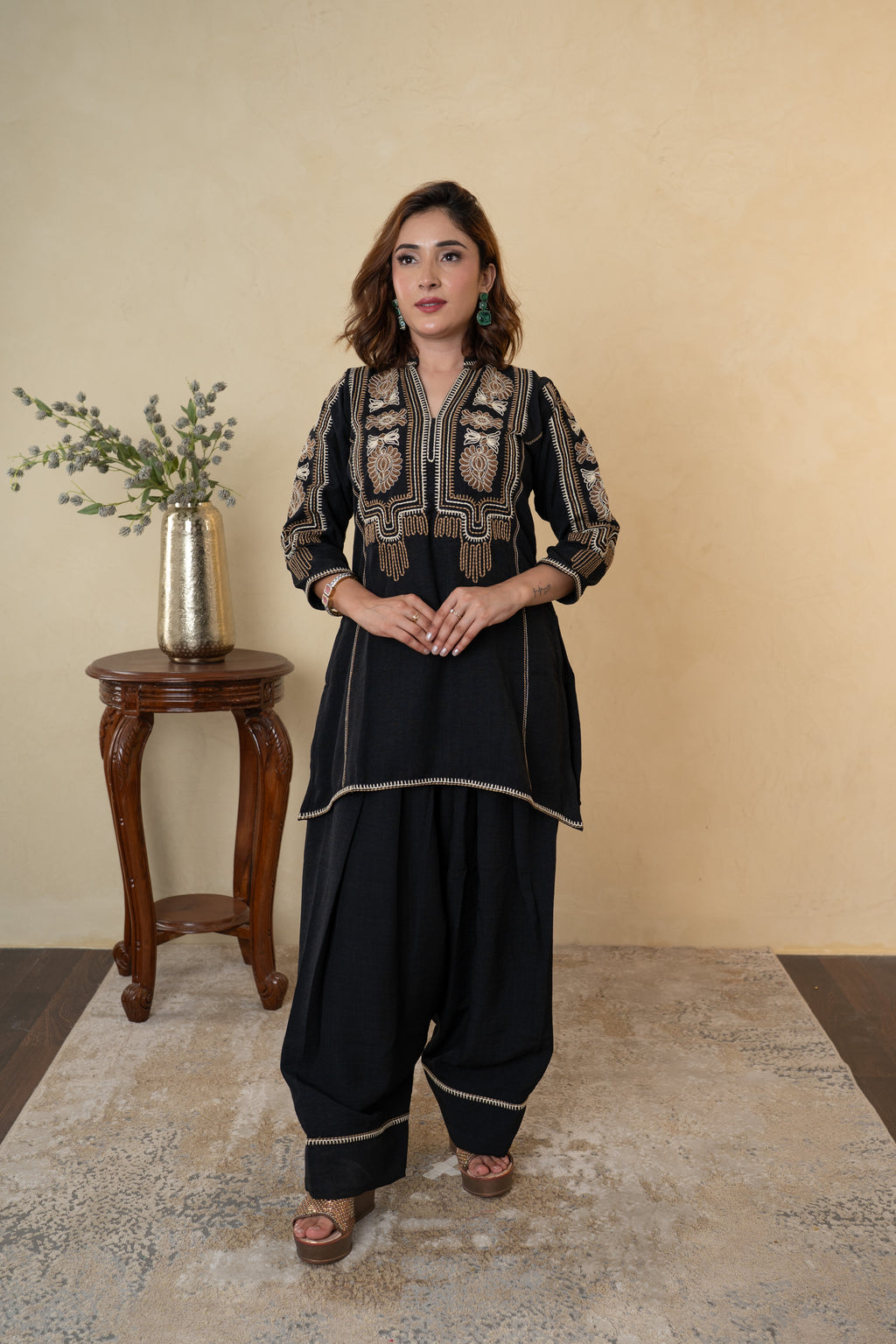 Black Rayon Cotton Embroidered Farshi Salwar with Shirt