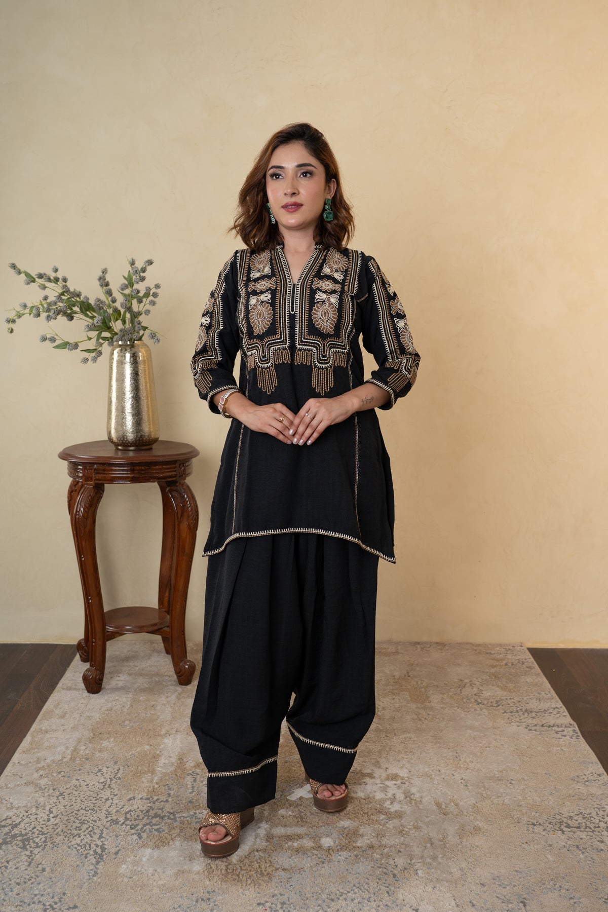 Black Rayon Cotton Embroidered Farshi Salwar with Shirt