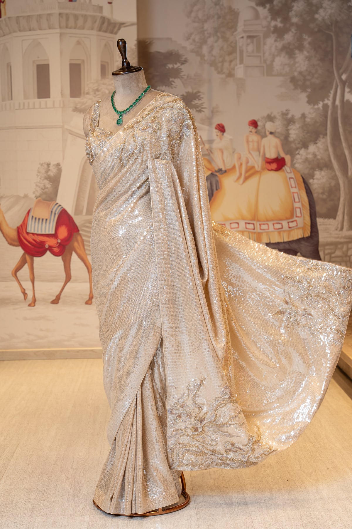Creamish Golden Net Sequin Unstitched Saree