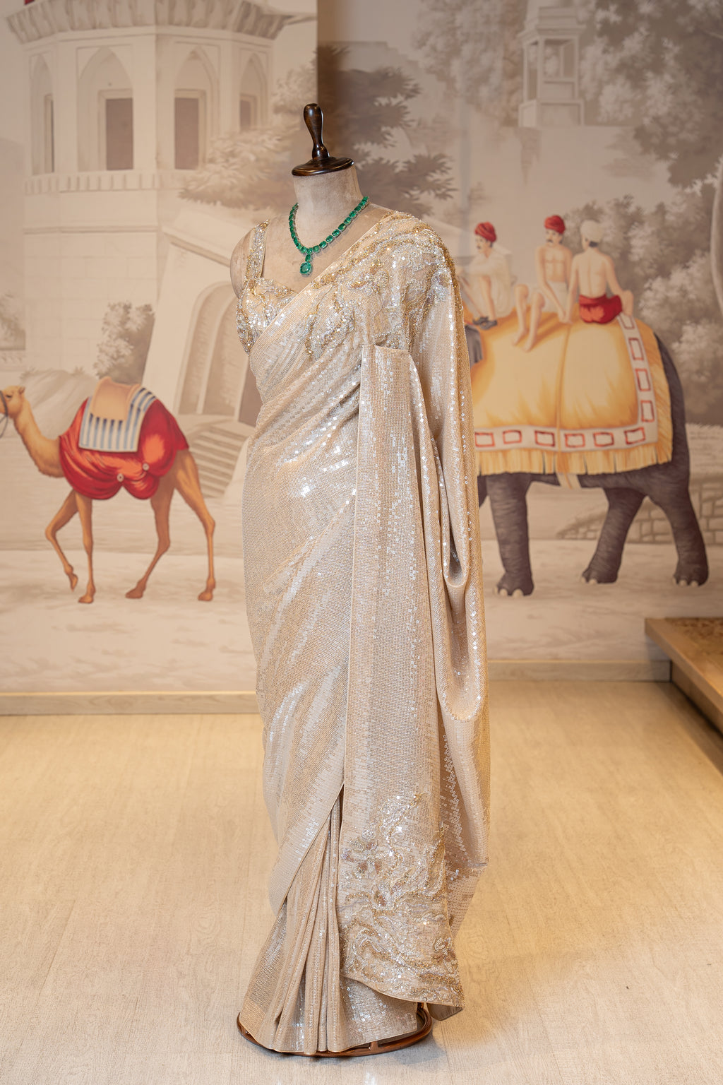Creamish Golden Net Sequin Unstitched Saree