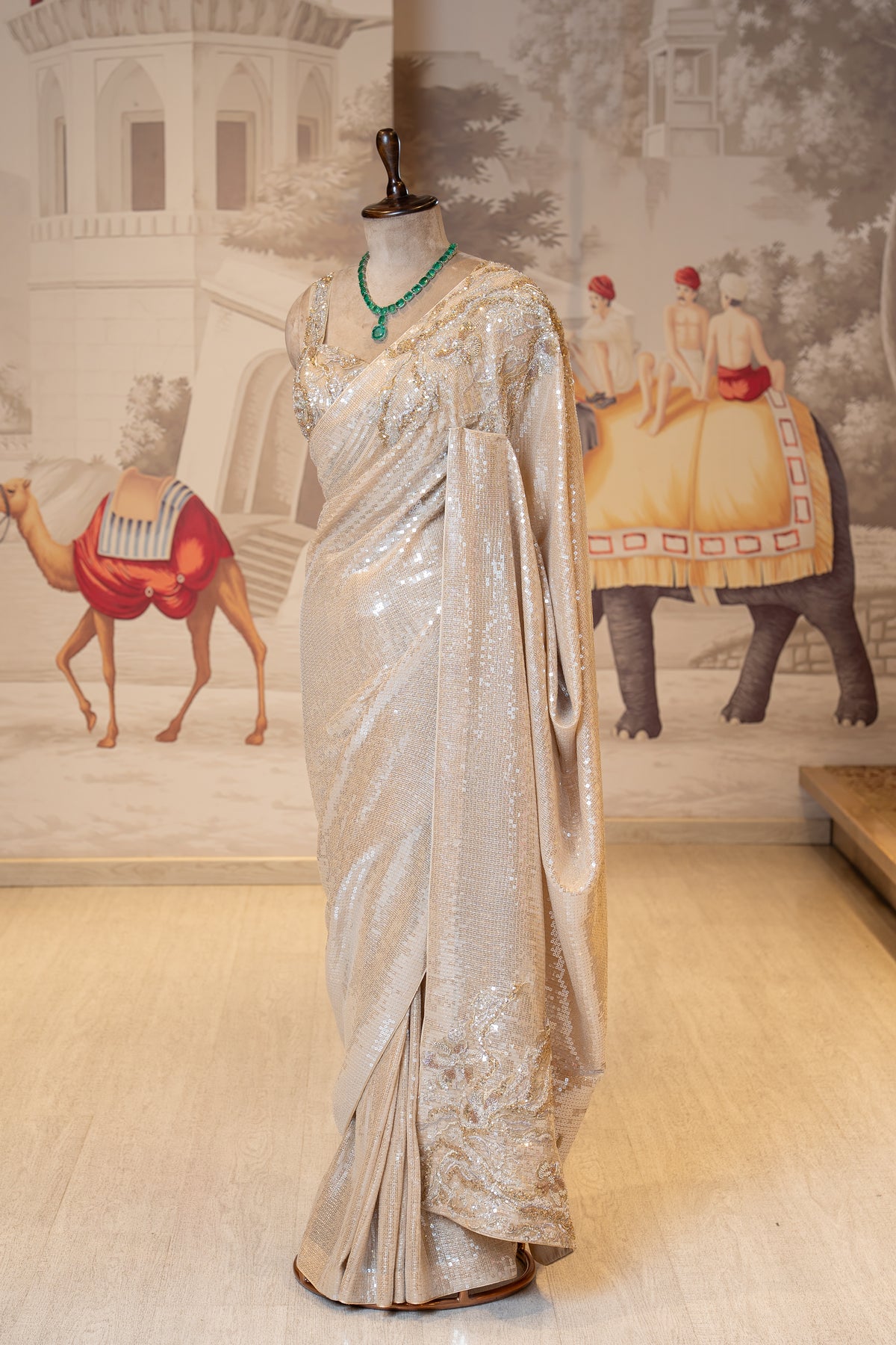 Creamish Golden Net Sequin Unstitched Saree