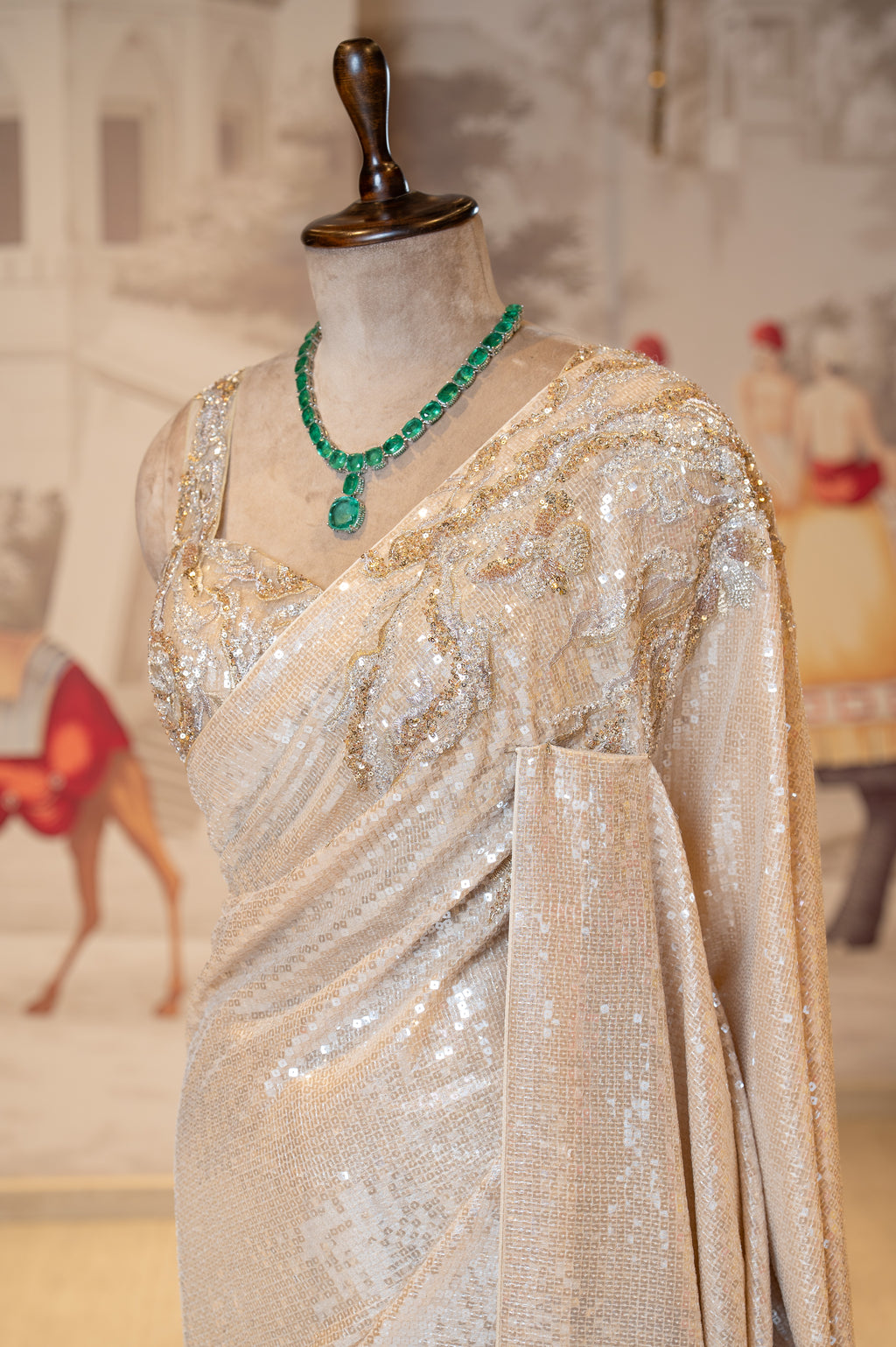 Creamish Golden Net Sequin Unstitched Saree