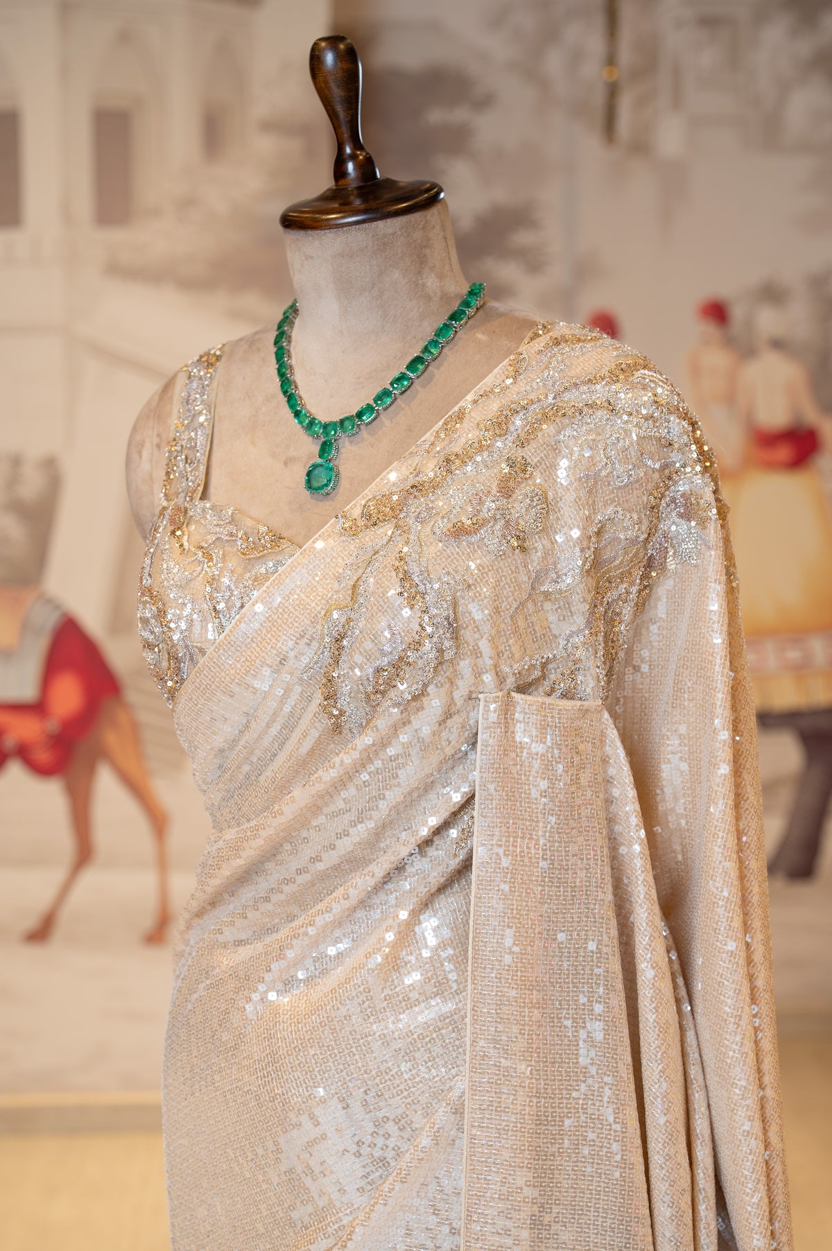 Creamish Golden Net Sequin Unstitched Saree