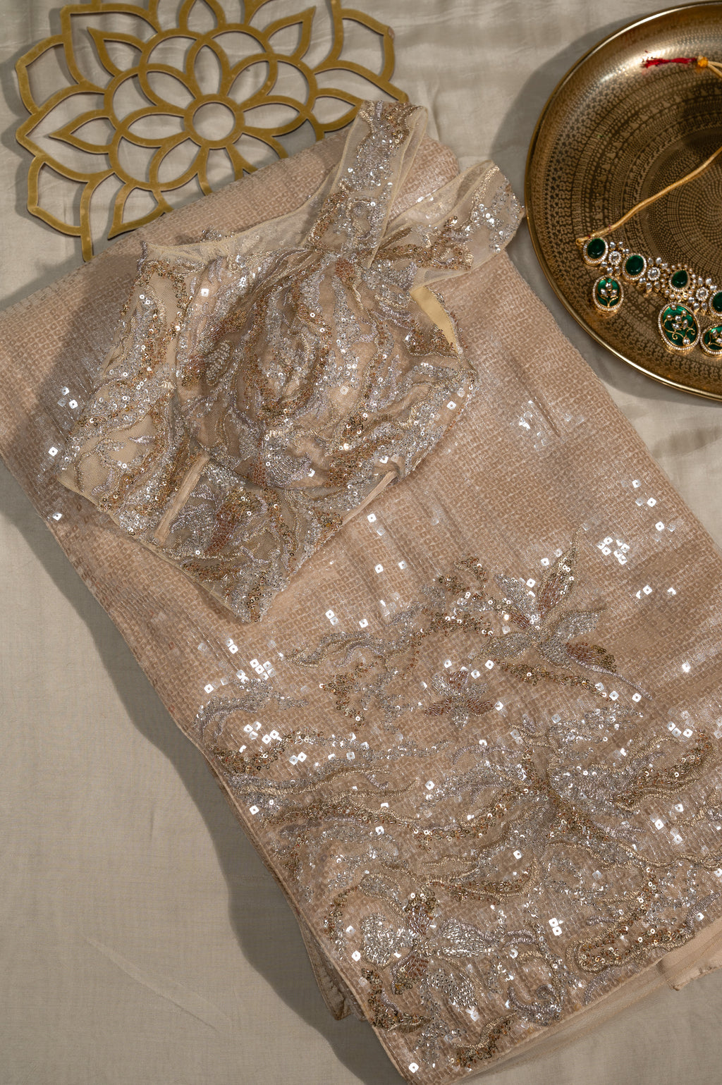 Creamish Golden Net Sequin Unstitched Saree