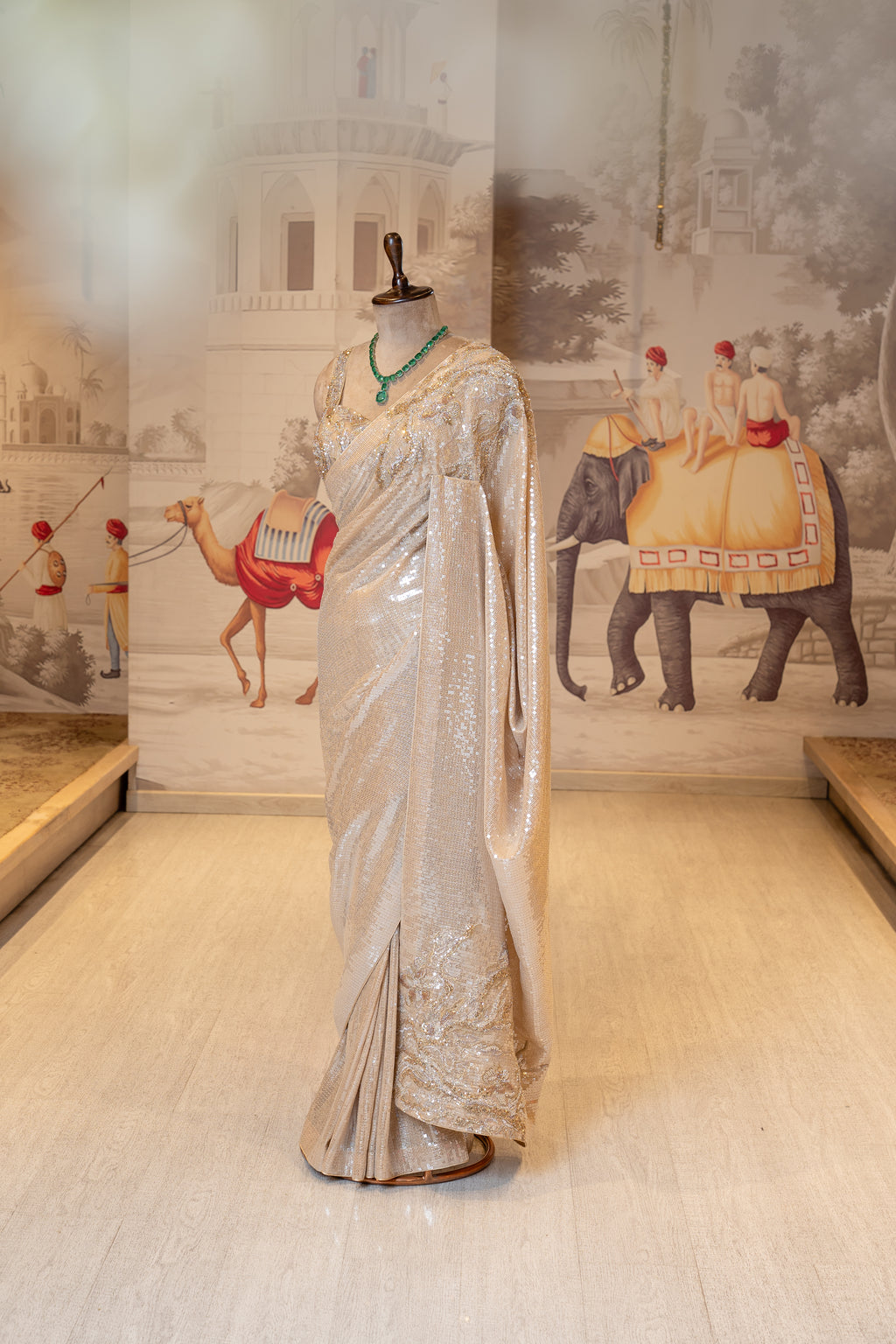 Creamish Golden Net Sequin Unstitched Saree