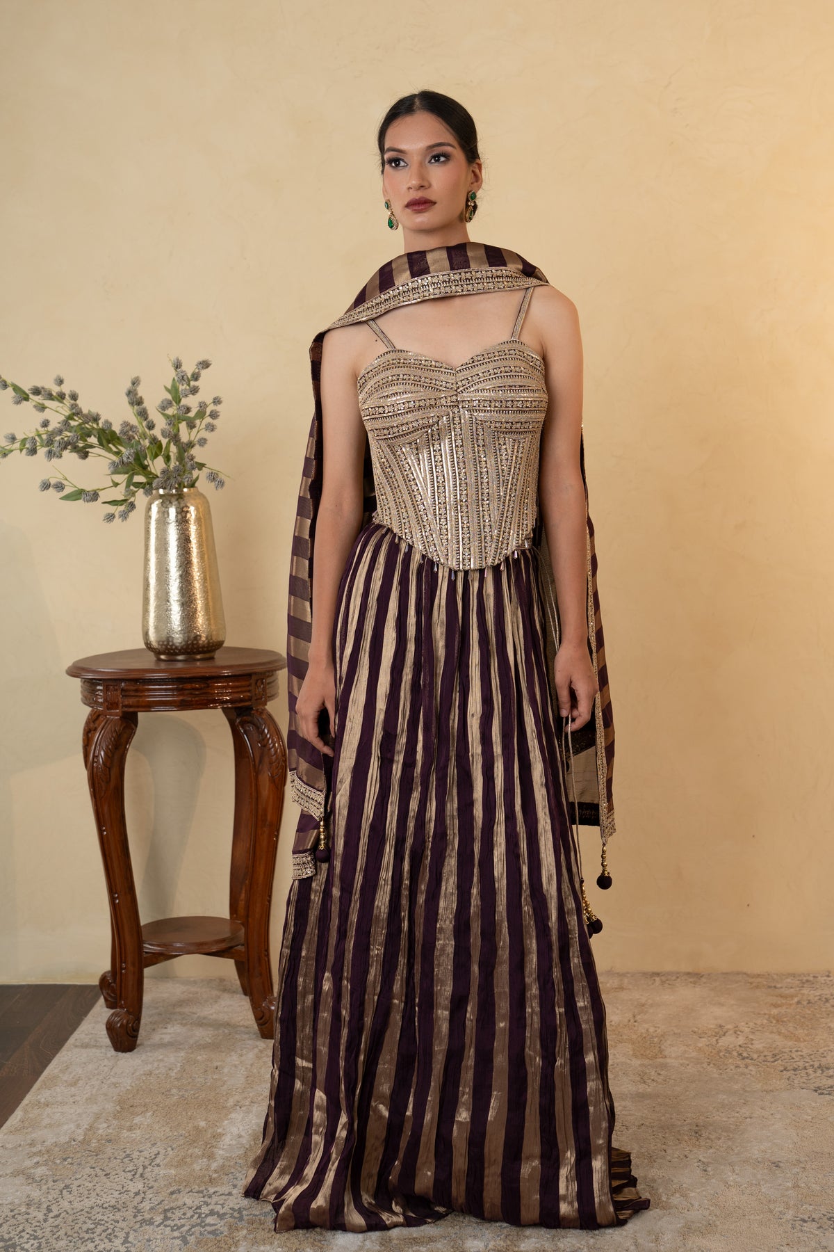 Wine Tissue Embellished Party Wear Lehenga