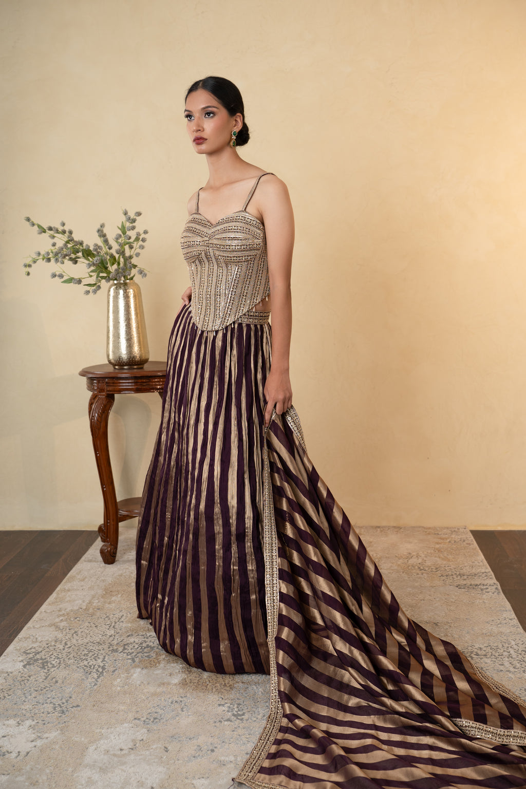 Wine Tissue Embellished Party Wear Lehenga