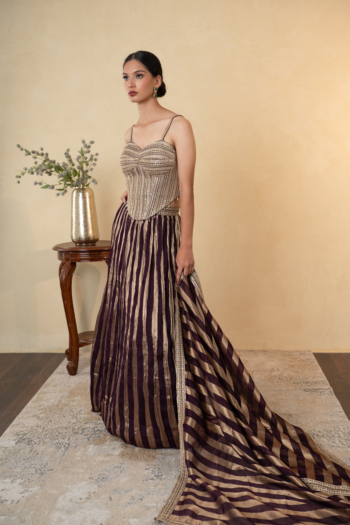 Wine Tissue Embellished Party Wear Lehenga