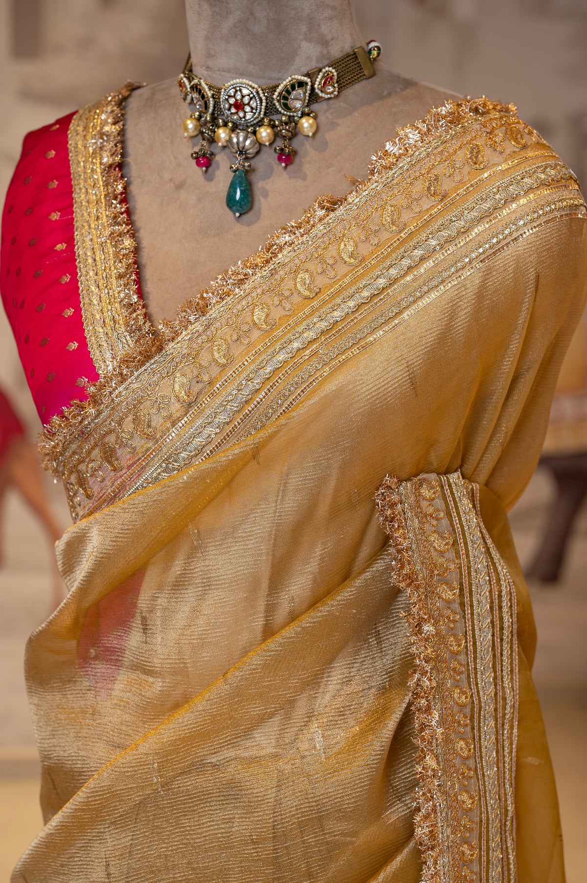 Golden Yellow Crush Tissue Unstitched Saree