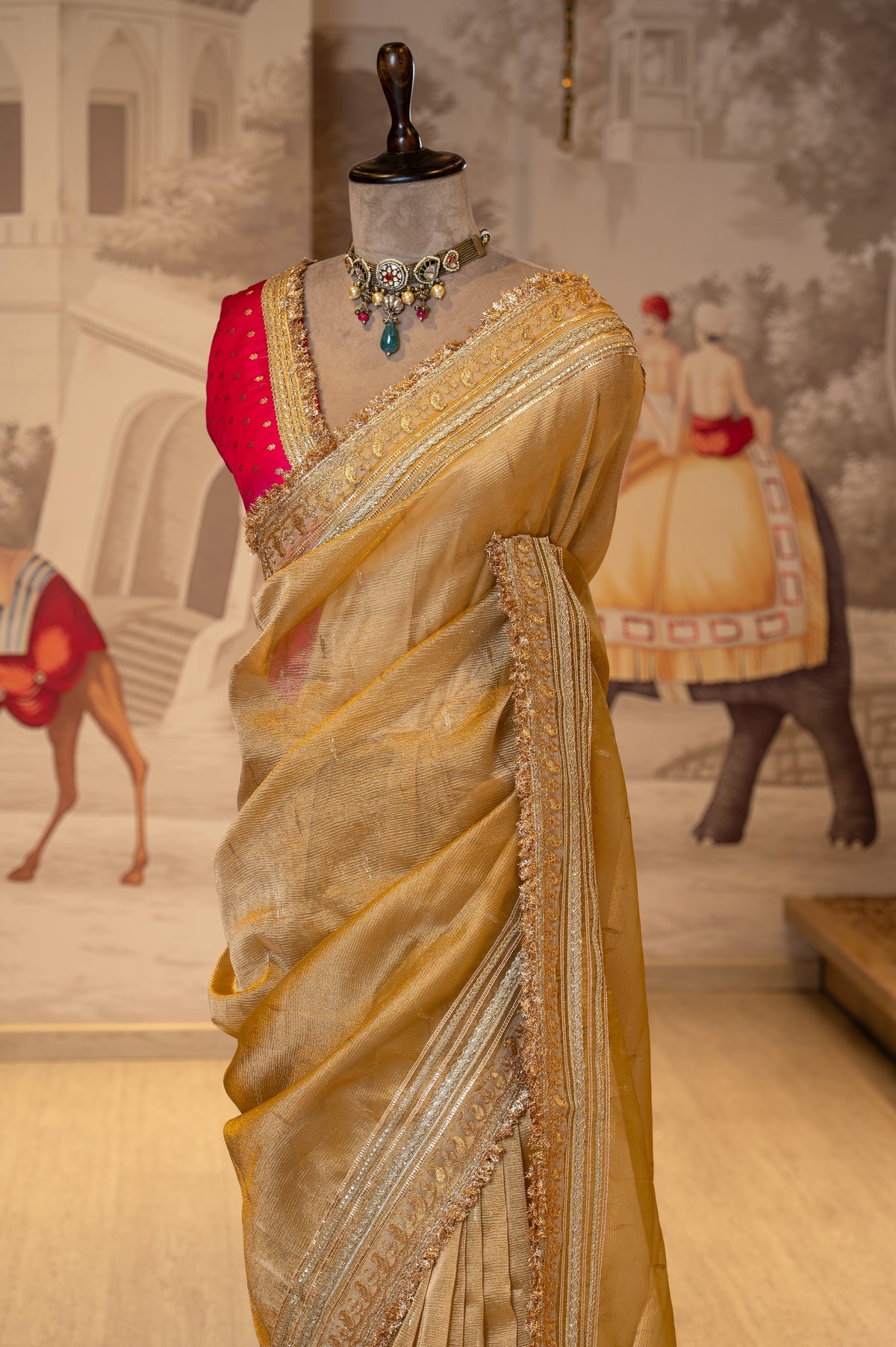 Golden Yellow Crush Tissue Unstitched Saree