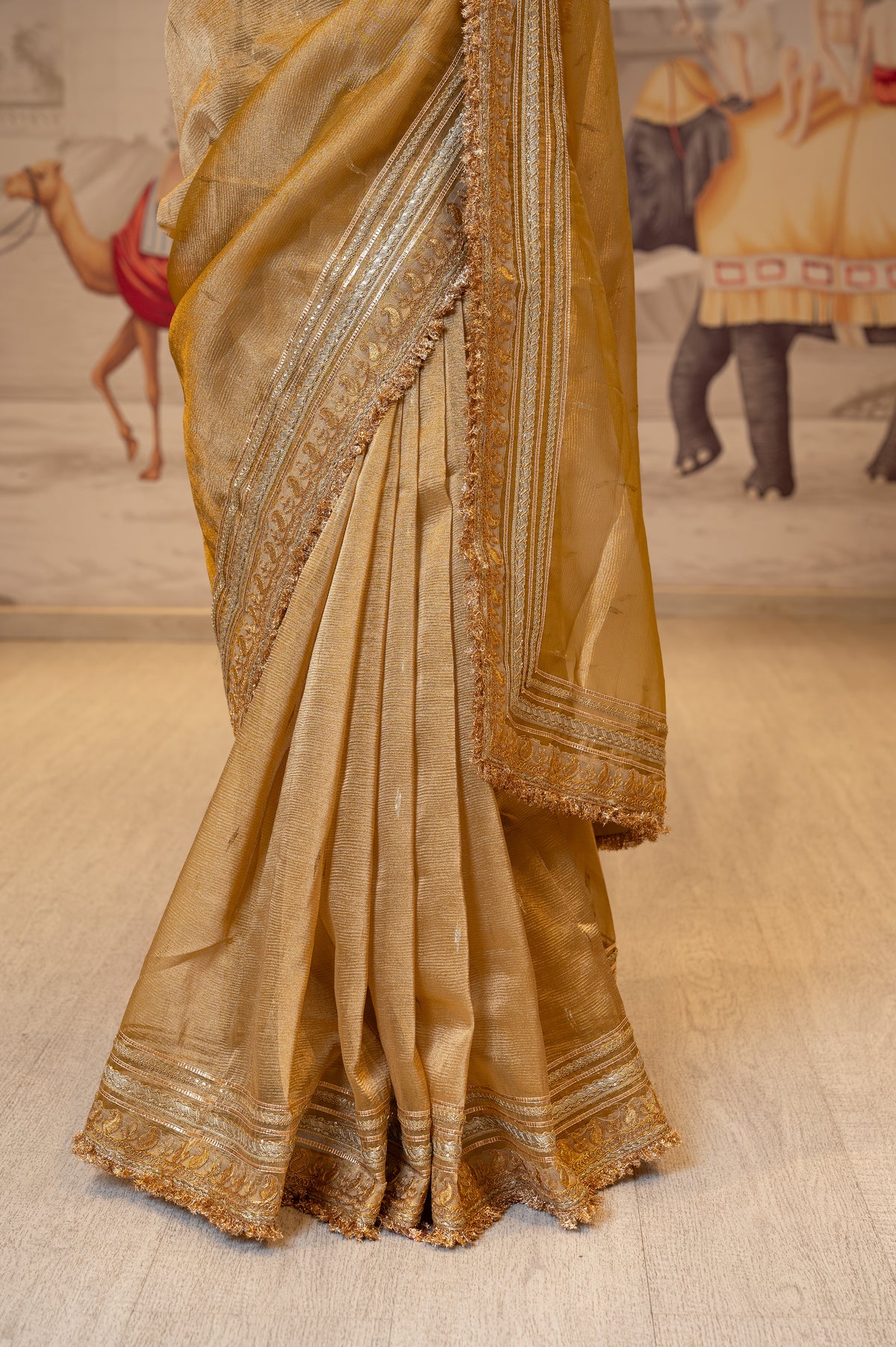 Golden Yellow Crush Tissue Unstitched Saree