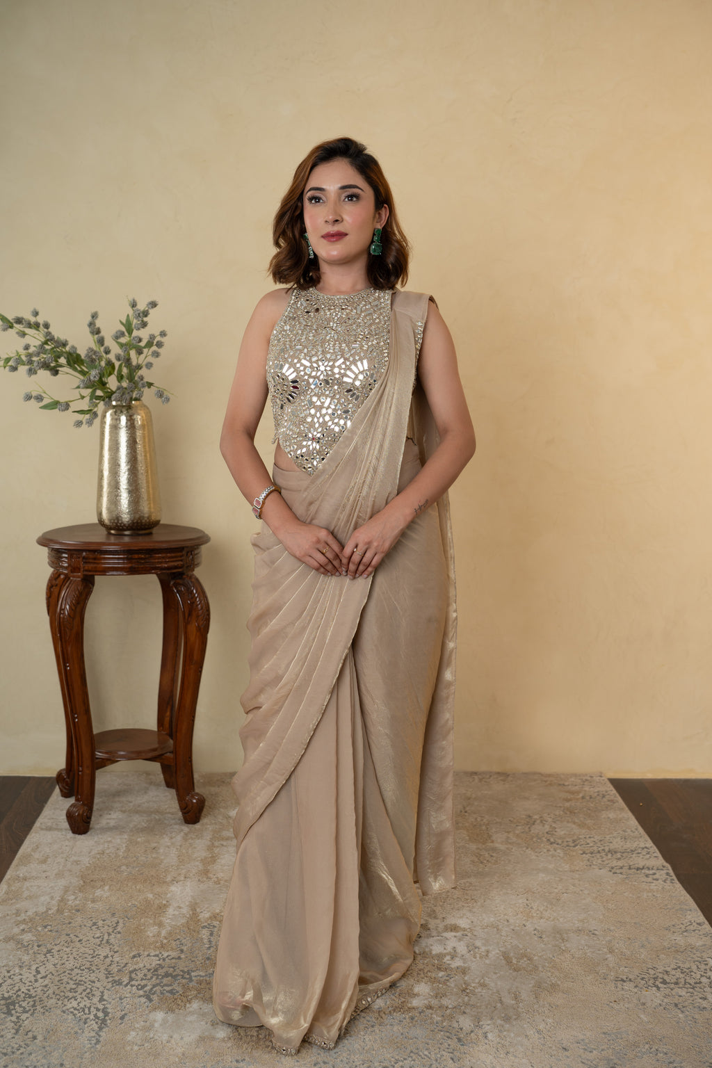 Beige Glass Tissue Embellished Drape Saree with Mirror Work Blouse