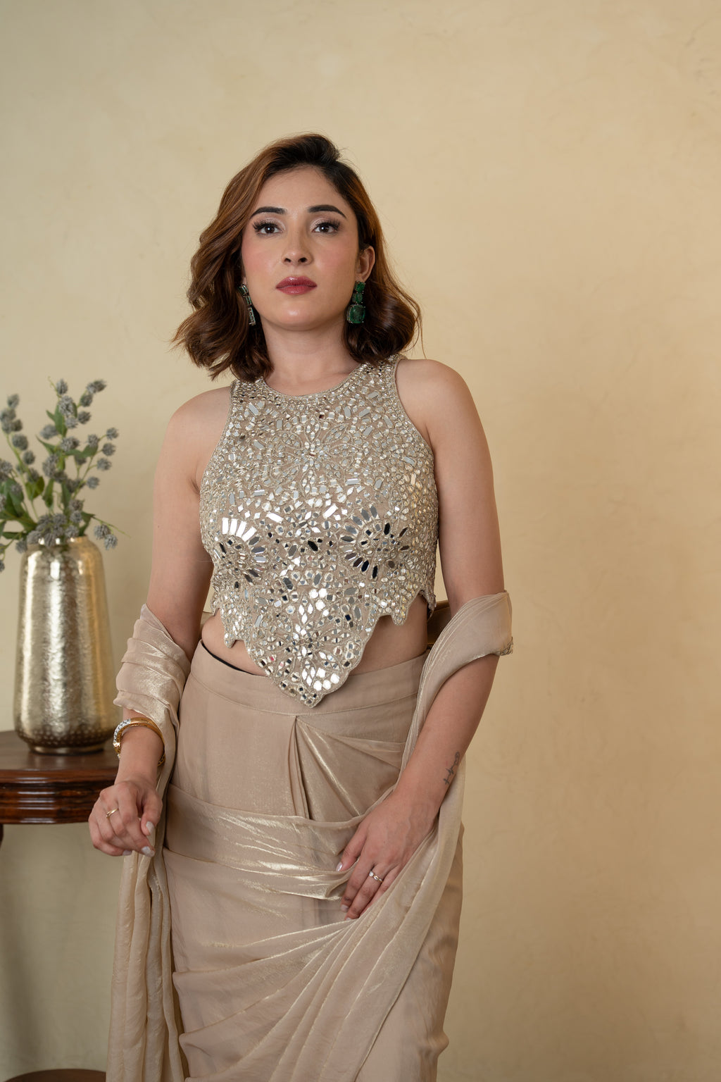 Beige Glass Tissue Embellished Drape Saree with Mirror Work Blouse