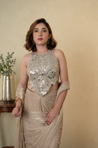 Beige Glass Tissue Embellished Drape Saree with Mirror Work Blouse