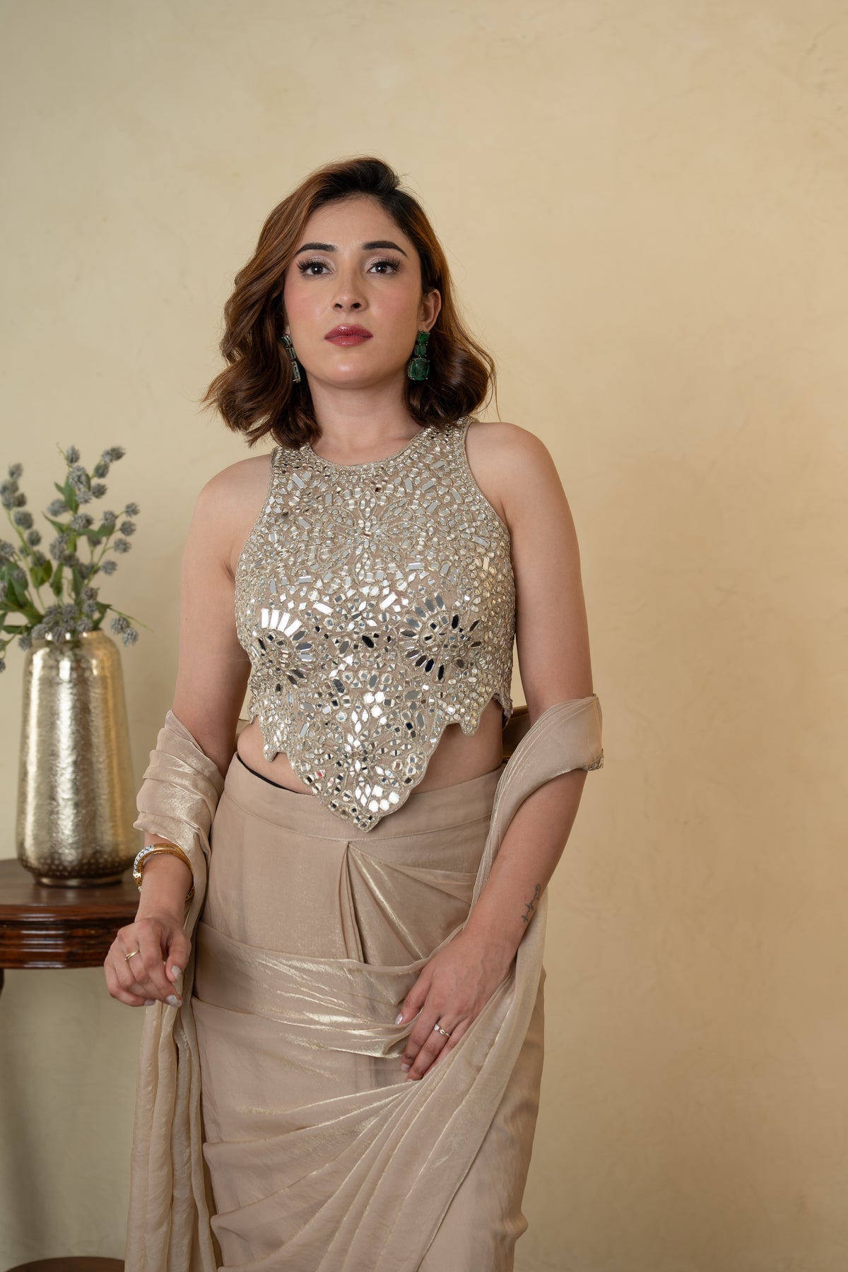 Beige Glass Tissue Embellished Drape Saree with Mirror Work Blouse