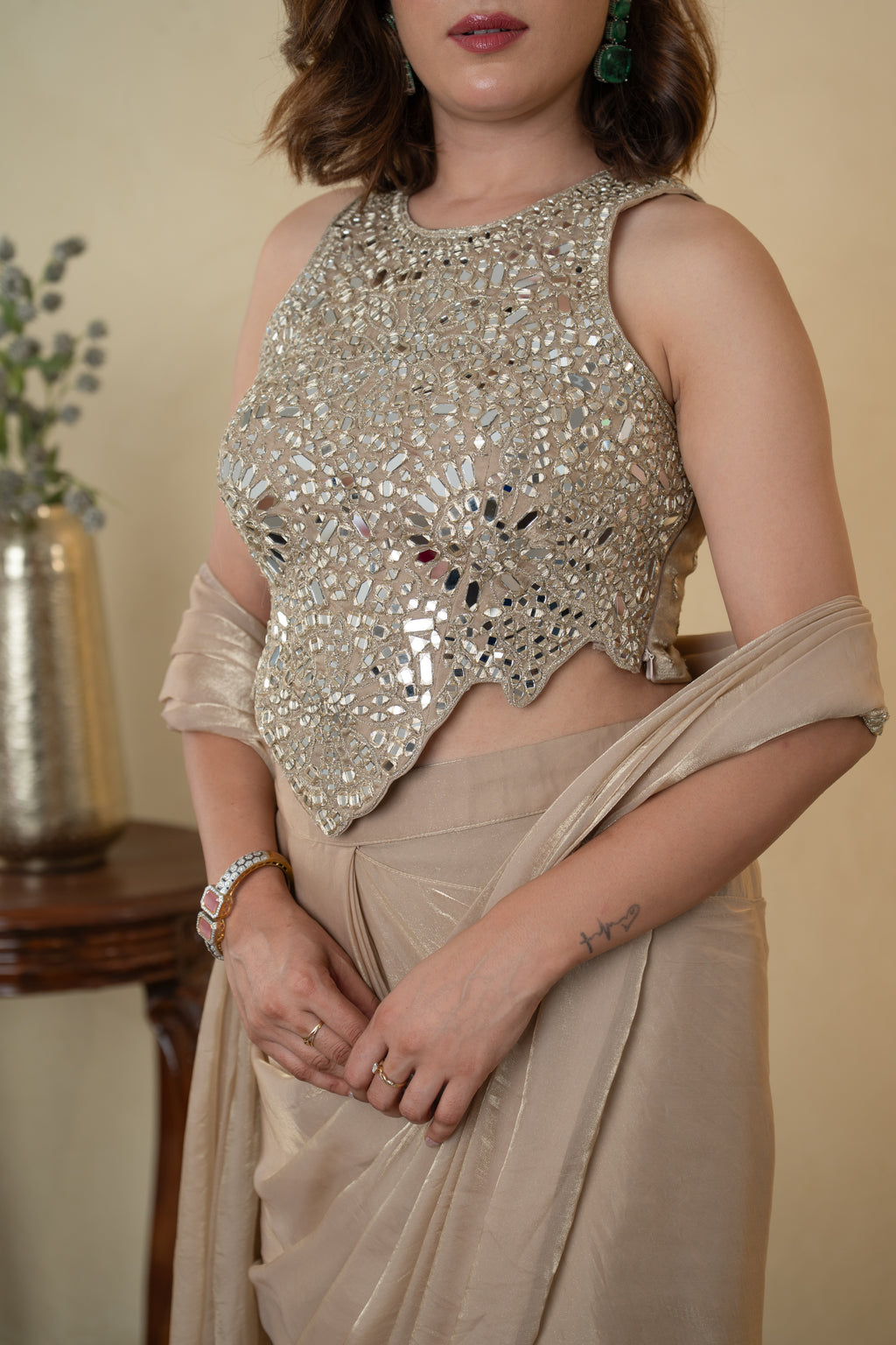 Beige Glass Tissue Embellished Drape Saree with Mirror Work Blouse