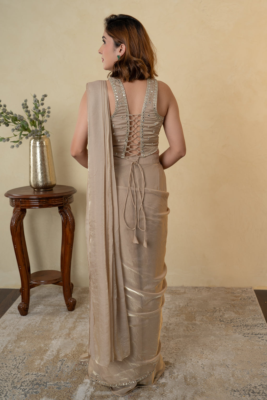 Beige Glass Tissue Embellished Drape Saree with Mirror Work Blouse