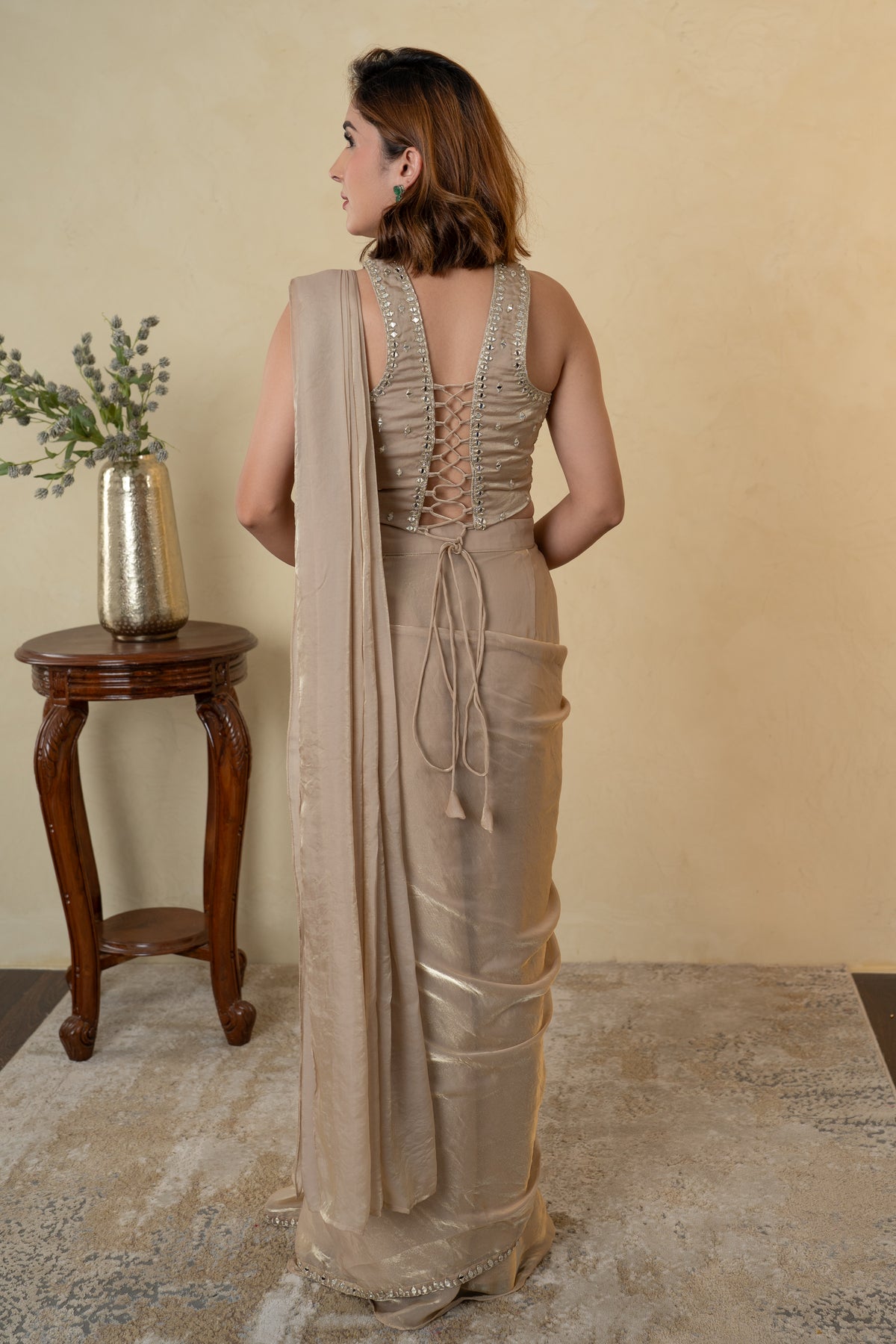 Beige Glass Tissue Embellished Drape Saree with Mirror Work Blouse