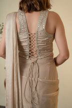 Beige Glass Tissue Embellished Drape Saree with Mirror Work Blouse