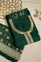 Green Pure Silk Unstitched Suit Set With Weaving Details