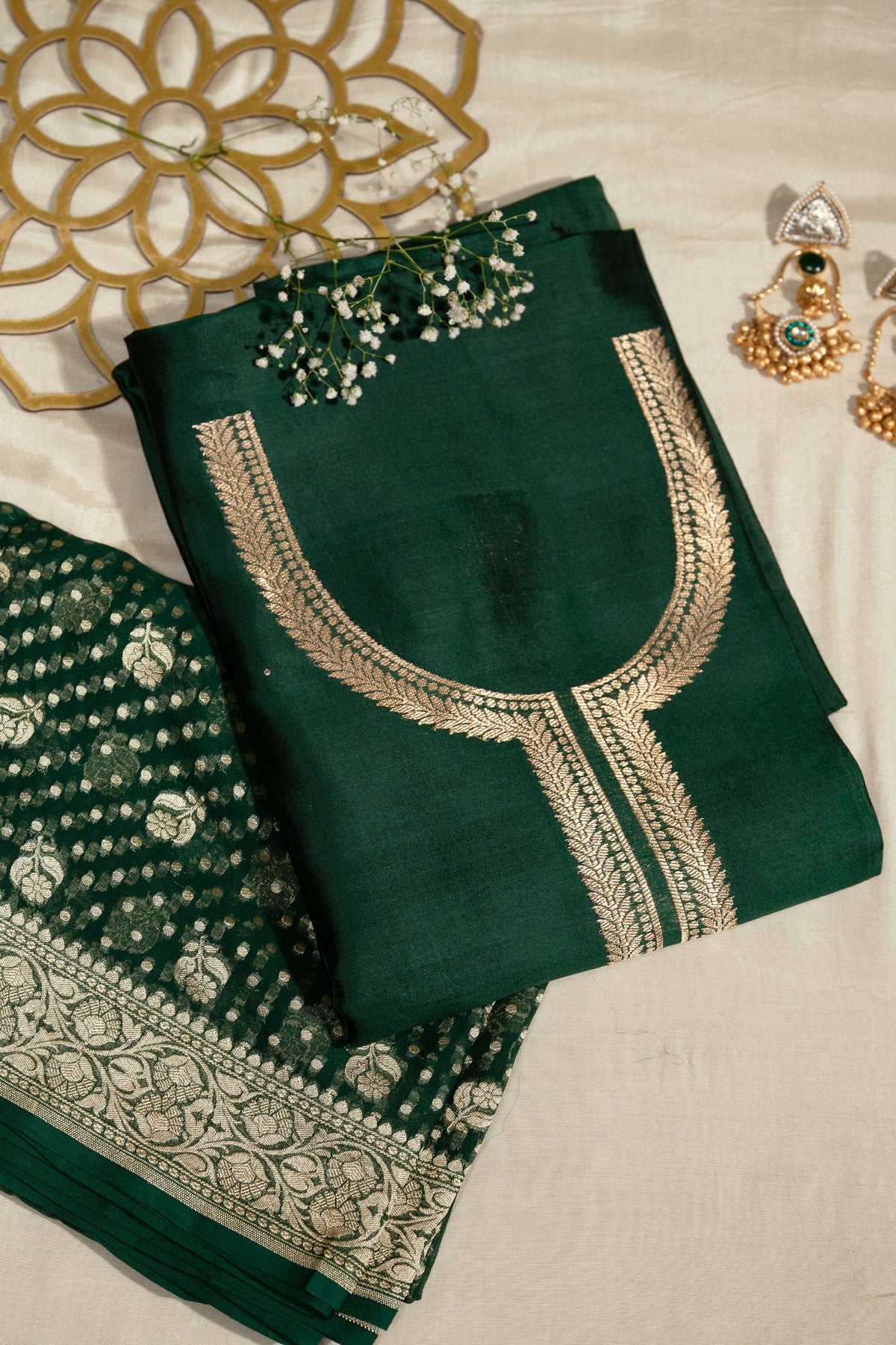 Green Pure Silk Unstitched Suit Set With Weaving Details